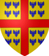 D'or, à la croix de gueules, cantonnée de seize alérions d'azur (4, 4, 4 et 4)
